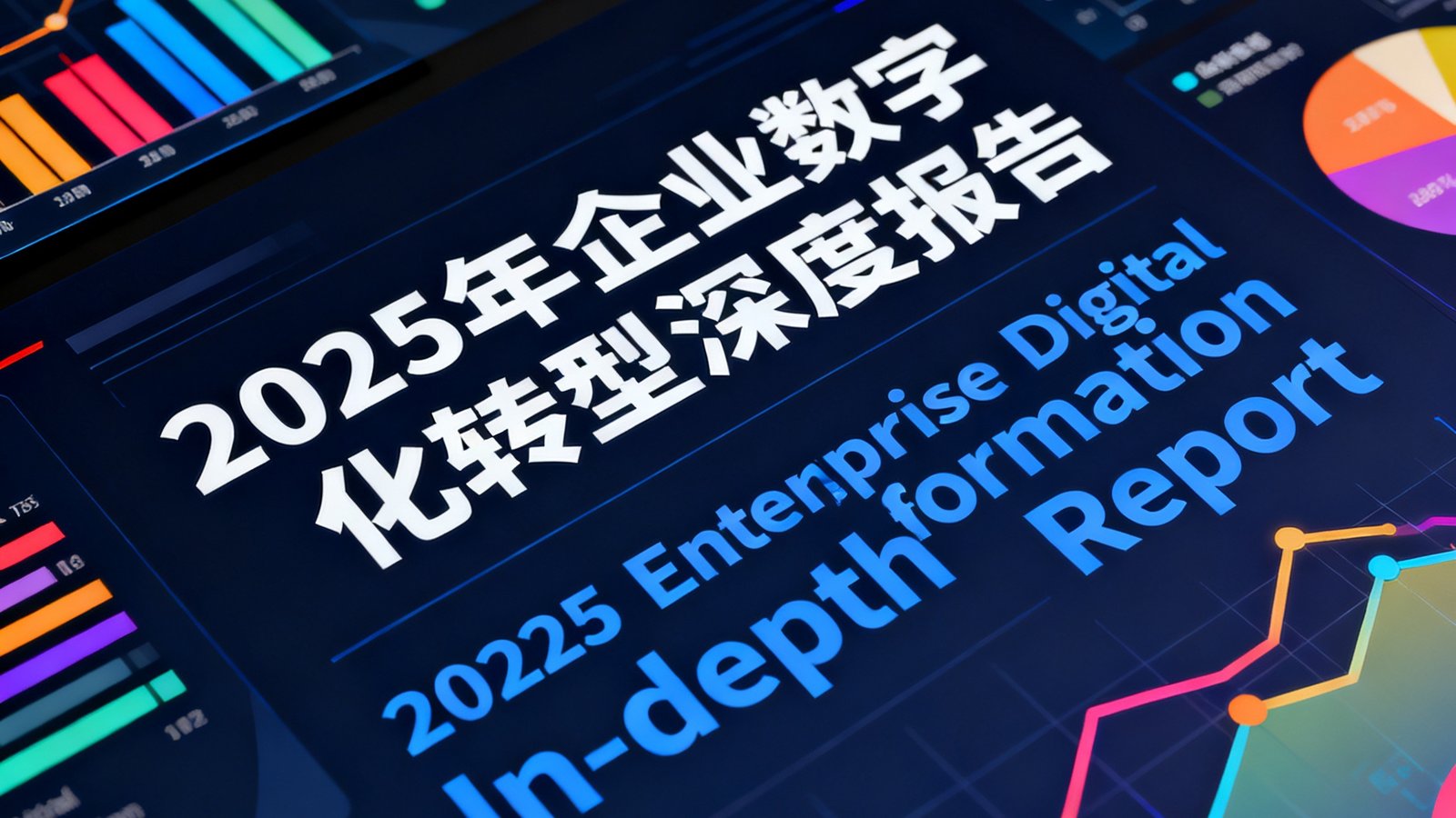 2025年企业数字化转型深度报告封面图，展示多彩数据可视化图表和趋势曲线，标题文字为英文与中文双语排版