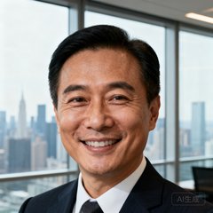 一位45岁左右、身着深色西装、面带自信微笑的华裔男性CEO半身肖像照，背景为现代化办公室落地窗