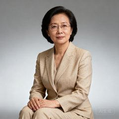 一位40岁左右的华裔女性CFO半身肖像，戴着细框眼镜，身着米色职业套装，气质干练专业